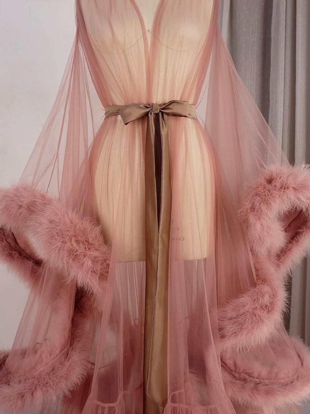 Sheer Pink Feather-Trim Robe with Satin Belt